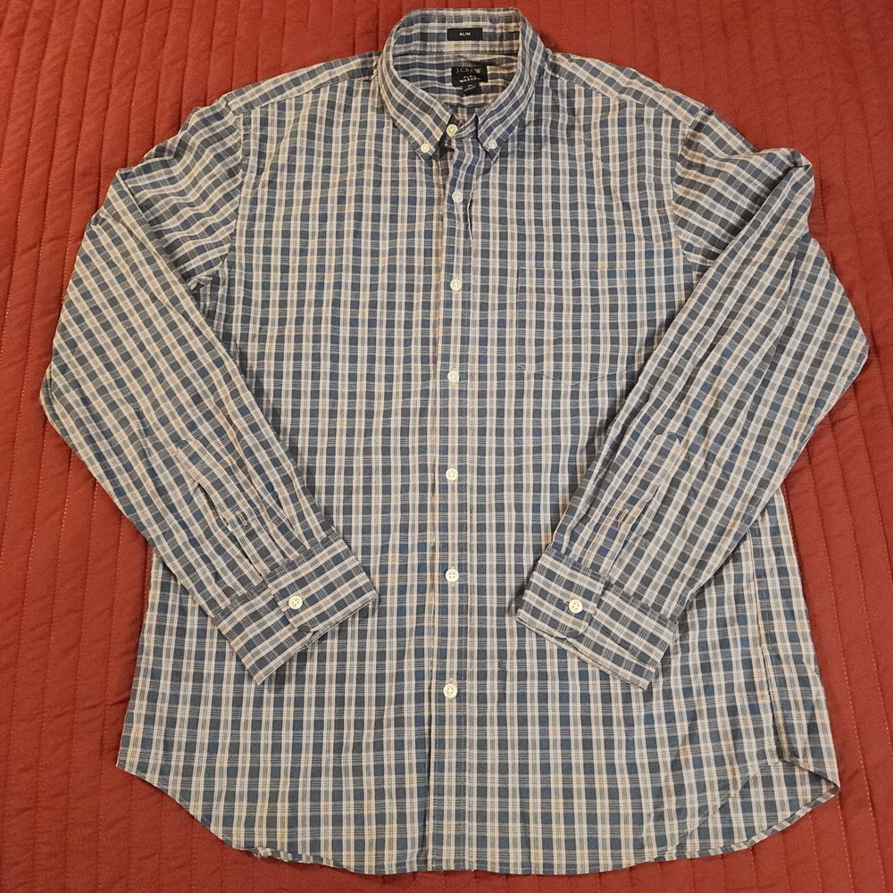 J.Crew Mens Flex Washed Slim Fit Button Down Shirt XL Blue Tan Plaid Cotton